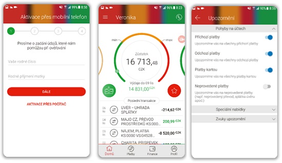 Obrazovky mobilního bankovnictví mBank verze 3.0