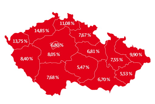 Podíl počtu osob se závazkem po splatnosti v registru SOLUS - mapa ČR s % podílem dle krajů.