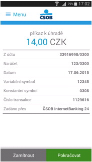 ČSOB spouští novou autorizační metodu - ČSOB Smart klíč. Na snímku zobrazení transakce.