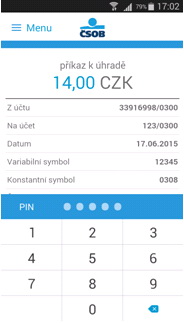 ČSOB spouští novou autorizační metodu - ČSOB Smart klíč. Na snímku zadání PINu.8