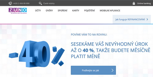 Zuno Bank upravila a zmodernizovala svou hlavní webovou stránku. Na snímku ukázka nové home page.