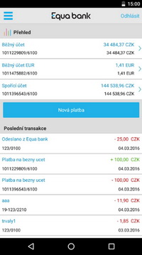 Obrázek 1: Snímek obrazovky Equa mobilního bankovnictví